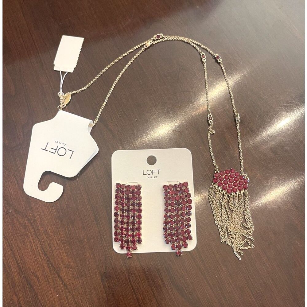 Loft Outlet Necklace Earrings Set NEW Red Rhinestones Holiday Christmas Party
